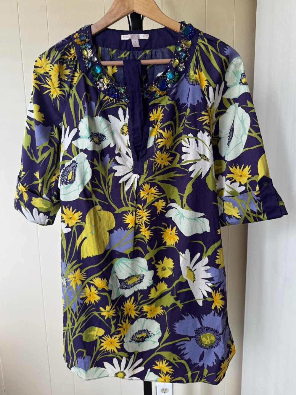 Rebecca Taylor Purple Floral Tunic with Jewelled Collar, US Size 4